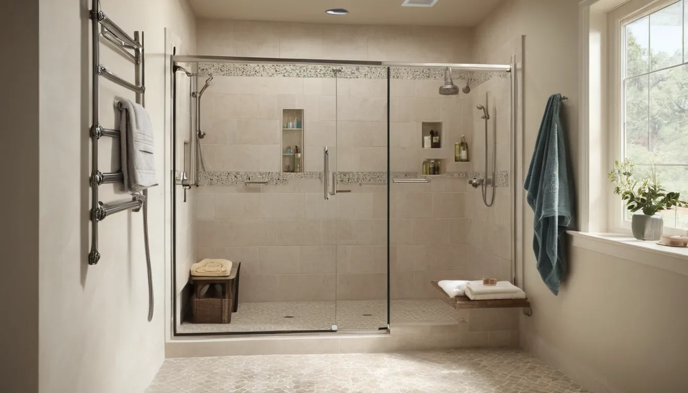 A bright walk-in shower with a low threshold, bench and grab bar in a Sandy Springs home