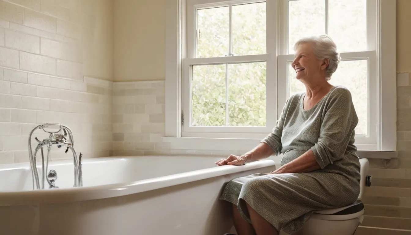 Senior homeowner smiling beside a walk-in tub in a bright bathroom in Sandy Springs